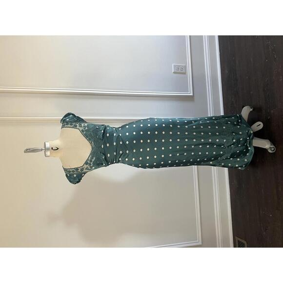 Free People - Women's Green Butterfly Satin Polka Dot Maxi Dress w/ lace, Size M - Picture 4 of 12